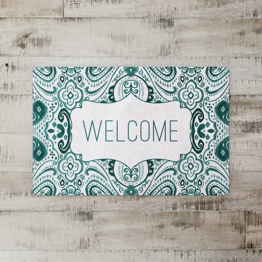 Green and White Welcome Floor Mat